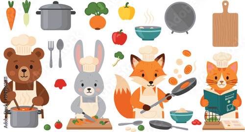 Cute Animal Chef Characters Cooking in Kitchen with Bear Rabbit Fox Cat Vegetables Pot and Frying Pan Cartoon Vector Illustration Set