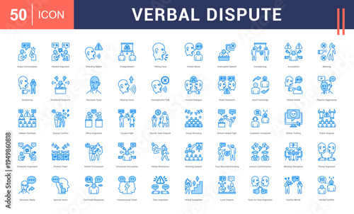 Verbal Dispute Icon Set. angry conversation, heated argument, shouting match, disagreement, yelling face and more. Blue vector icons collection.