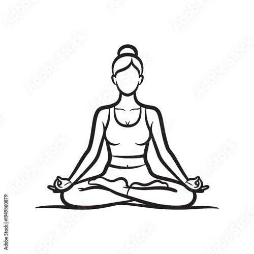 Woman Practicing Yoga Meditation Lotus Pose Line Art – Female Wellness and Mindfulness Illustration