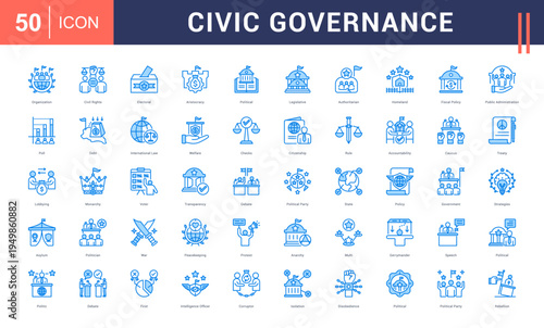 Civic Governance Icon Set. organization, civil rights, electoral, aristocracy, political and more. Blue vector icons collection.