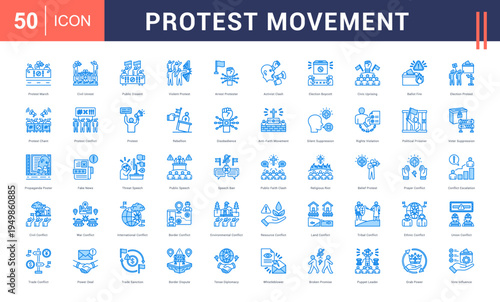 Protest Movement Icon Set. protest march, civil unrest, public dissent, violent protest, arrest protester and more. Blue vector icons collection.