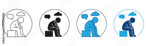 Loneliness icon set. Depression and sadness icon symbol. Emotional pain, loneliness and mental health struggles depressed sad man sitting alone. vector illustration .
