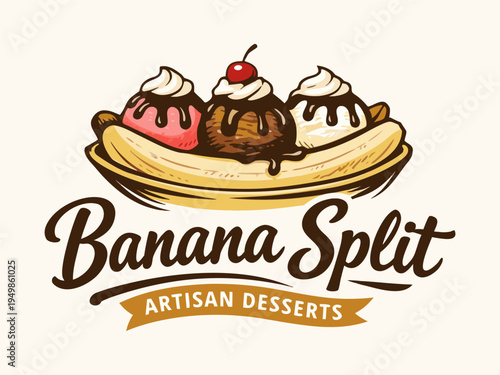 Banana split logo vector illustration. Simple design emblem