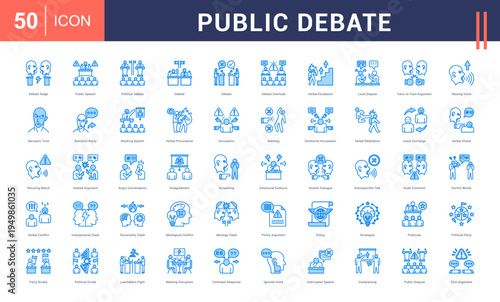 Public Debate Icon Set. debate stage, public speech, political debate, debate, debate and more. Blue vector icons collection.