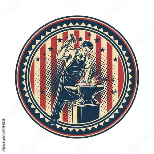 Vintage blacksmith crafting an anvil beside an american flag pattern