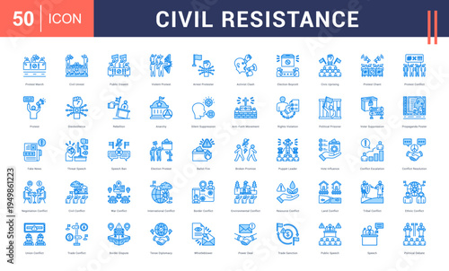 Civil Resistance Icon Set. protest march, civil unrest, public dissent, violent protest, arrest protester and more. Blue vector icons collection.