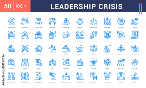 Leadership Crisis Icon Set. political scandal, corruption case, power struggle, coup attempt, dictator rule and more. Blue vector icons collection.