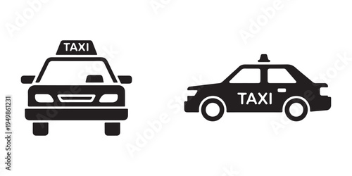 Black and white icons of taxi cars showing front and side views with taxi signs