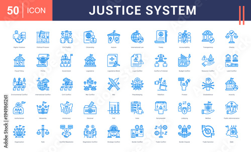 Justice System Icon Set. rights violation, political prisoner, civil rights, citizenship, asylum and more. Blue vector icons collection.