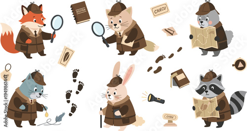 Cute Animal Detective Characters Collection with Fox Cat Rabbit Raccoon Investigators Magnifying Glass Clues and Mystery Elements Vector Illustration Set
