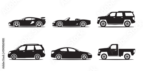 Detailed automotive side view silhouettes including off road suv and sports car for racing or lifestyle use