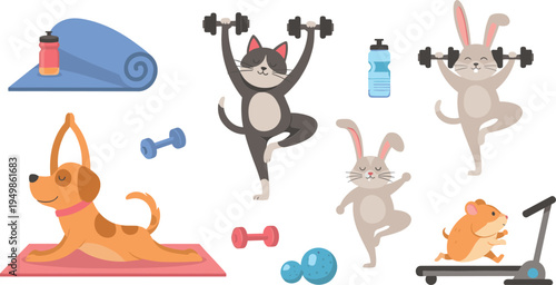 Cute Animal Fitness Workout Collection with Dog Cat Rabbit Hamster Yoga Dumbbells and Gym Exercise Cartoon Vector Illustration Set