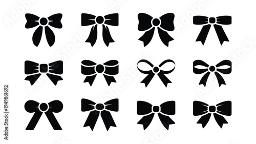 Ribbon bow icon gift and present decoration elements for holiday celebration, festive ribbon bow symbols for birthday Christmas party packaging and greeting card design