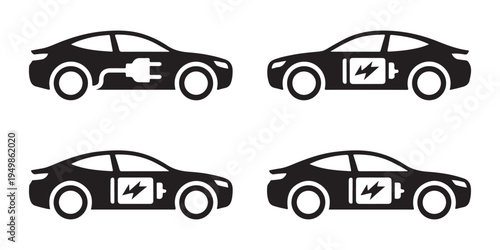 Sustainable electric car icons showing battery status and charging cable connectivity for clean transport