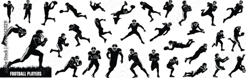 american football player silhouettes collection, athletes running catching tackling poses isolated black rugby sport action silhouette set