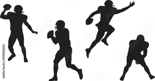 American football player silhouettes, quarterback throwing pass, running back action, athletes isolated, dynamic sports competition, team training, professional motion concept