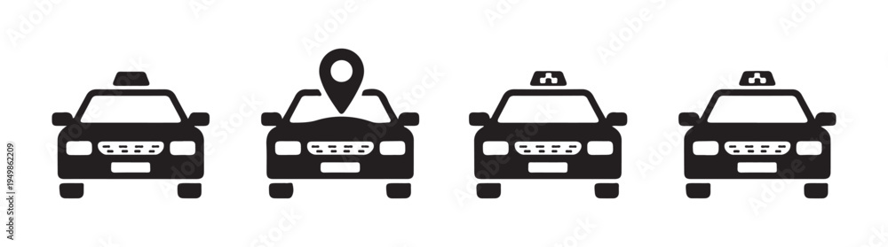 Obraz premium Taxi car icon set, front view of taxi vehicle, public transportation symbol, cab service isolated on white