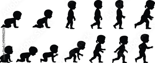 baby, toddler, silhouettes, set, crawling, walking, child, growth, development, stages, kids, childhood, motion, black, collection, isolated, activity, learning, steps, milestone