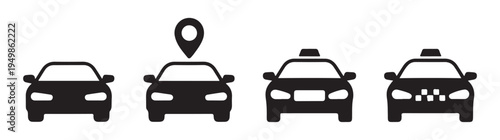 Car icon set, sedan vehicle front view, private automobile symbol, taxi cab service isolated on white background