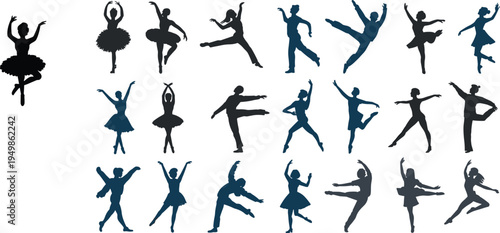 ballet dancer silhouettes collection, classical ballet dance poses set, graceful ballerina performance isolated black dancing silhouettes illustration