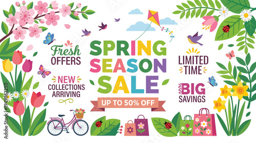 Spring Season Sale Banner with Floral and Nature Elements