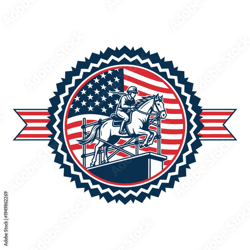 Equestrian emblem featuring an american flag design and rider on horseback