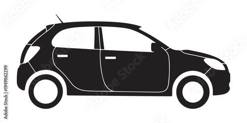 Black silhouette of a modern hatchback car viewed from side on white background, simple clean graphic