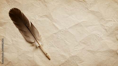 Antique Feather Quill Pen on Aged Crumpled Paper Texture Background for Writing