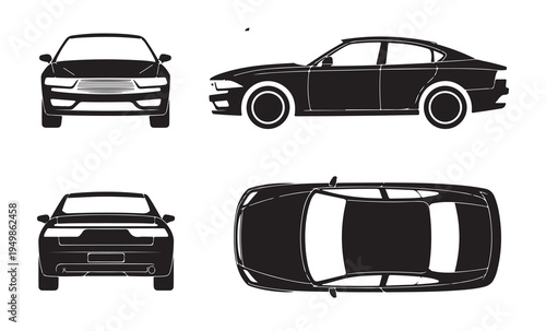 Collection of car illustrations front rear side and top views isolated on white background, vector set