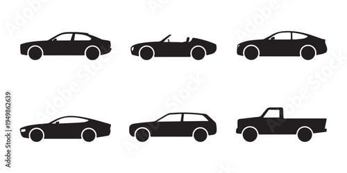 Six different car silhouettes including sedan coupe convertible hatchback and pickup truck side view