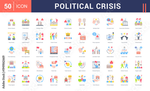 Political Crisis Icon Set. election dispute, protest march, campaign clash, civil unrest, political scandal and more. Flat vector icons collection.