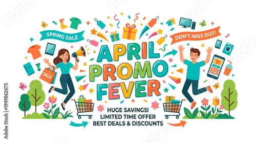 Colorful April Promo Fever Banner with People Shopping