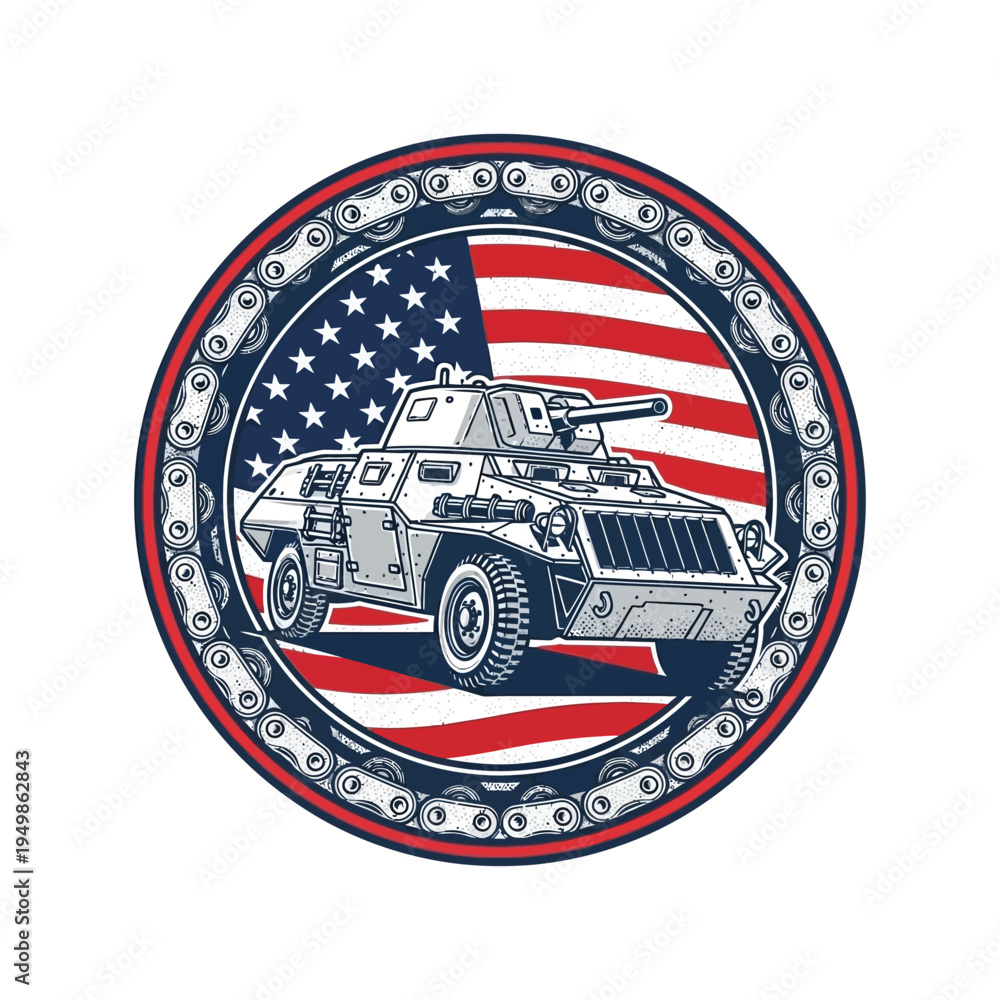 Fototapeta premium Vintage military vehicle patch with american flag design on circular embroidery.
