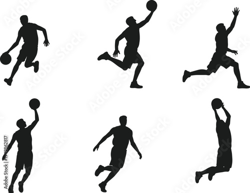 basketball player silhouettes collection, athlete dribbling jumping dunking poses, sport action movement isolated black basketball silhouettes set