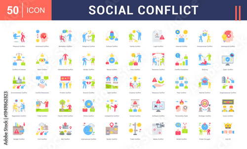 Social Conflict Icon Set. physical, emotional, workplace, religious, cultural and more. Flat vector icons collection.