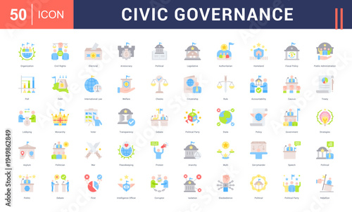 Civic Governance Icon Set. organization, civil rights, electoral, aristocracy, political and more. Flat vector icons collection.