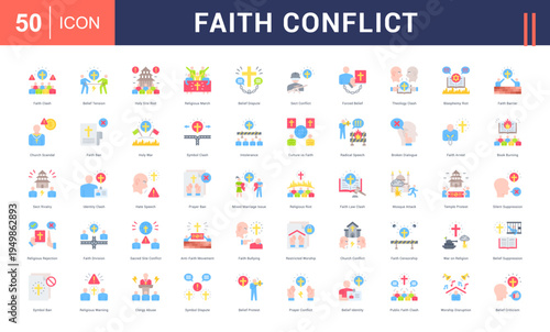 Faith Conflict Icon Set. faith clash, belief tension, holy site riot, religious march, belief dispute and more. Flat vector icons collection.