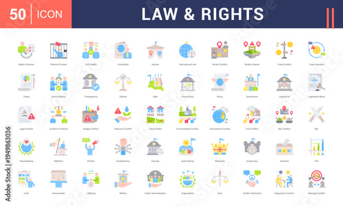 Law & Rights Icon Set. rights violation, political prisoner, civil rights, citizenship, asylum and more. Flat vector icons collection.