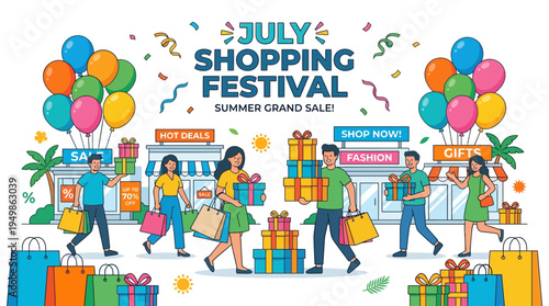 July Shopping Festival Announcement with Shoppers and Balloons