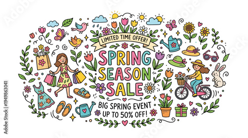 Colorful Spring Season Sale Design with Flowers and Characters