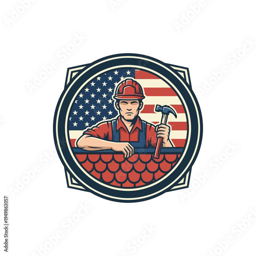 Hardworking construction worker holding tools against american flag backdrop.