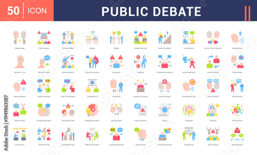 Public Debate Icon Set. debate stage, public speech, political debate, debate, debate and more. Flat vector icons collection.