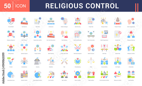 Religious Control Icon Set. forced belief, faith barrier, faith ban, intolerance, broken dialogue and more. Flat vector icons collection.