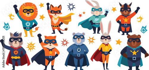 Cute Animal Superhero Characters Collection with Lion Fox Rabbit Bear Raccoon Heroes Wearing Capes Masks and Power Symbols Vector Illustration Set