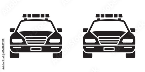 Front view police car icon black silhouette police vehicle with lights on white background clean modern design
