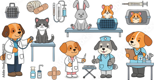 Cute Animal Veterinary Clinic Collection with Dog Cat Rabbit Hamster Vet Doctor Medical Tools and Pet Care Cartoon Vector Illustration Set