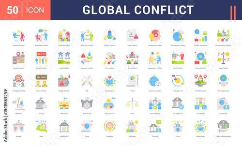 Global Conflict Icon Set. physical, workplace, political, religious, cultural and more. Flat vector icons collection.