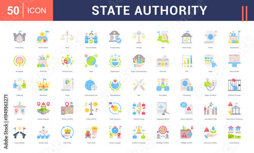 State Authority Icon Set. aristocracy, authoritarian, rule, accountability, transparency and more. Flat vector icons collection.
