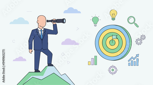 Businessman in suit standing on mountain peak using binoculars with target and growth icons representing strategic planning and success