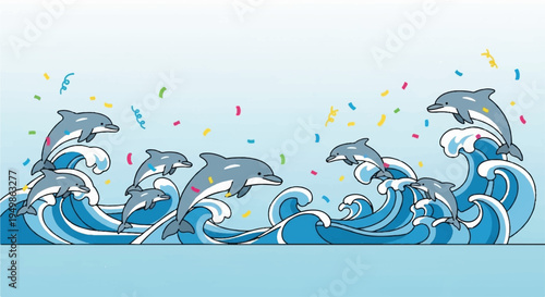 Dolphins jumping out of ocean waves with colorful confetti celebration and joy in sea